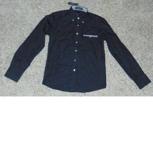 Mens Dress Shirt VSKA Senior Large Black Button Down Slim Pocket Long Sleeve